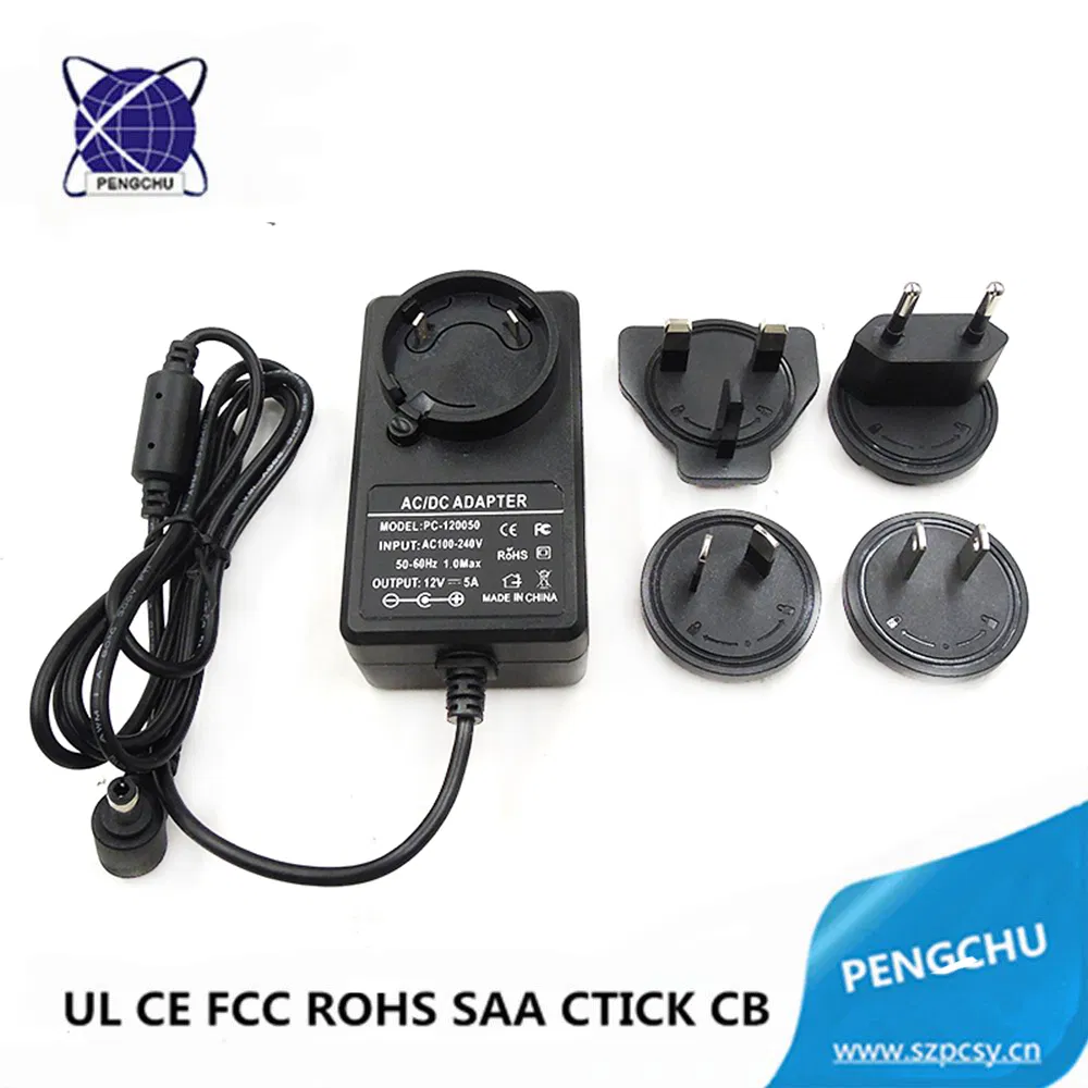 Single Output 12V 5A Wallmount Power Adapter 60W AC DC Interchangeable EU US AU EU Plugs